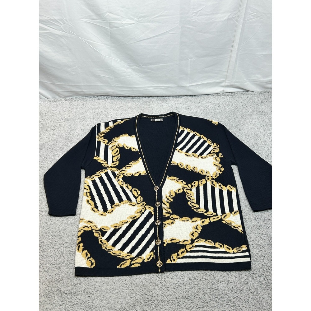 Vtg McNaughton Wear‎ Woman Cardigan L/XL Navy Gold Chain Sweater USA 80s 90s Y2K
